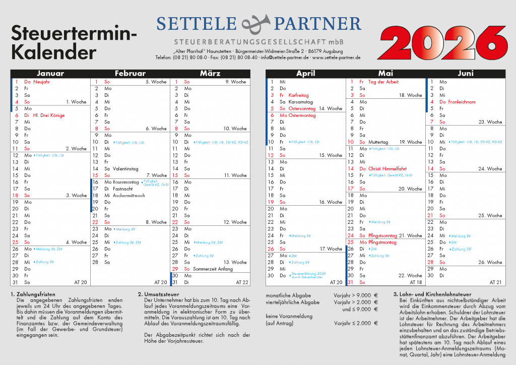 Steuerterminkalender Settele Partner 2026